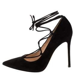 Pre Owned Gianvito Rossi Black Suede Femi Lace up Pointed Toe Pumps Size 39.5