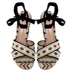 Pre Owned Gianvito Rossi Multicolor Embroidered Canvas And Suede Cheyenne Ankle Wrap Sandals 40