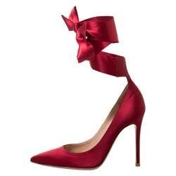 Pre Owned Gianvito Rossi Red Satin Gala Ankle Wrap Pumps Size 37