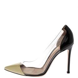Pre Owned Gianvito Rossi Black/White Patent Leather and PVC Plexi Pointed Toe Pump Size 38.5