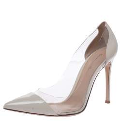 Pre Owned Gianvito Rossi Cream Patent Leather And PVC Plexi Pointed Toe Pumps Size 39.5