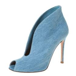 Pre Owned Gianvito Rossi Blue Denim V Neck Peep Toe Booties Size 36