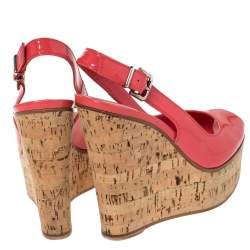 Pre Owned Gianvito Rossi Coral Pink Patent Leather Cork Wedge Peep Toe Platform Slingback Sandals Size 37