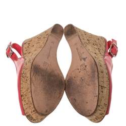 Pre Owned Gianvito Rossi Coral Pink Patent Leather Cork Wedge Peep Toe Platform Slingback Sandals Size 37