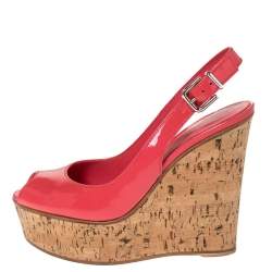 Pre Owned Gianvito Rossi Coral Pink Patent Leather Cork Wedge Peep Toe Platform Slingback Sandals Size 37