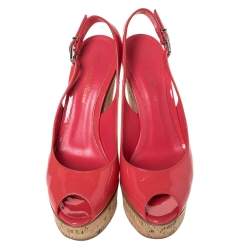 Pre Owned Gianvito Rossi Coral Pink Patent Leather Cork Wedge Peep Toe Platform Slingback Sandals Size 37