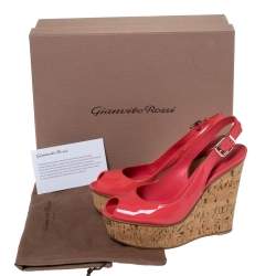 Pre Owned Gianvito Rossi Coral Pink Patent Leather Cork Wedge Peep Toe Platform Slingback Sandals Size 37