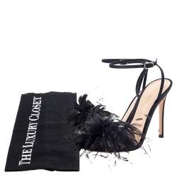 Gianvito Rossi Black Satin Feather Flower Ankle Strap Sandals Size 37.5