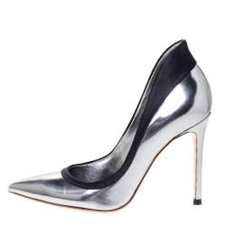 Pre Owned Gianvito Rossi Metallic/Black Leather and Satin Pointed Toe Pumps Size 35.5