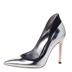 Pre Owned Gianvito Rossi Metallic/Black Leather and Satin Pointed Toe Pumps Size 35.5
