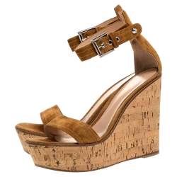 Pre Owned Gianvito Rossi Brown Suede Leather Cork Wedge Platform Ankle Strap Sandals Size 39.5