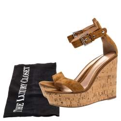 Pre Owned Gianvito Rossi Brown Suede Leather Cork Wedge Platform Ankle Strap Sandals Size 39.5