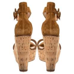 Pre Owned Gianvito Rossi Brown Suede Leather Cork Wedge Platform Ankle Strap Sandals Size 39.5