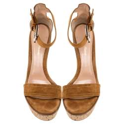 Pre Owned Gianvito Rossi Brown Suede Leather Cork Wedge Platform Ankle Strap Sandals Size 39.5