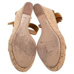 Pre Owned Gianvito Rossi Brown Suede Leather Cork Wedge Platform Ankle Strap Sandals Size 39.5