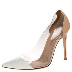 Pre Owned Gianvito Rossi Beige/White PVC and Leather Plexi Pointed Toe Pumps Size 36.5