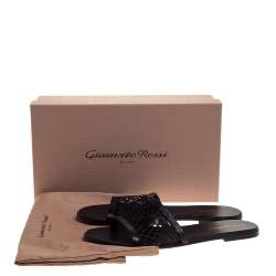 Pre Owned Gianvito Rossi Black Fish Net And Leather Trim Flat Sandals Size 38.5