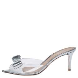 Pre Owned Gianvito Rossi Silver Leather And PVC Bow Slide Sandals Size 40