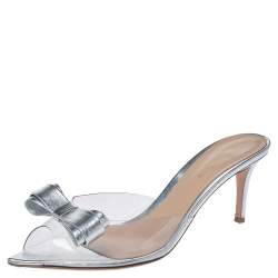 Pre Owned Gianvito Rossi Silver Leather And PVC Bow Slide Sandals Size 40