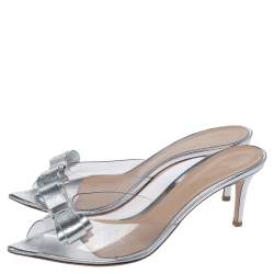 Pre Owned Gianvito Rossi Silver Leather And PVC Bow Slide Sandals Size 40