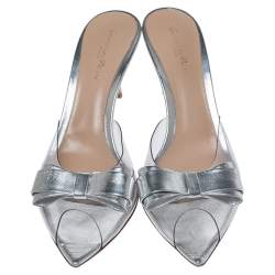 Pre Owned Gianvito Rossi Silver Leather And PVC Bow Slide Sandals Size 40