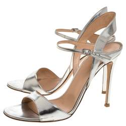 Pre Owned Gianvito Rossi Silver Leather Ankle Strap Sandals Size 41