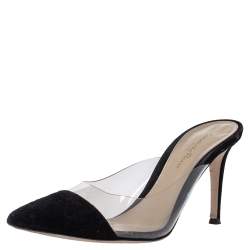 Pre Owned Gianvito Rossi Black Suede and PVC Plexi Pointed Toe Mule Sandals Size 39
