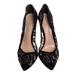 Pre Owned Gianvito Rossi Black Suede And Lace Pointed Toe Pumps Size 40.5