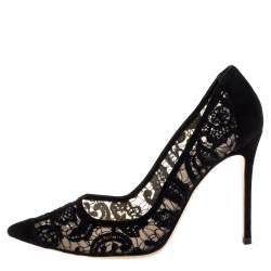 Pre Owned Gianvito Rossi Black Suede And Lace Pointed Toe Pumps Size 40.5