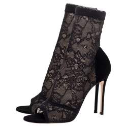 Pre Owned Gianvito Rossi Black Lace and Suede Sock Peep Toe Booties Size Size 39.5