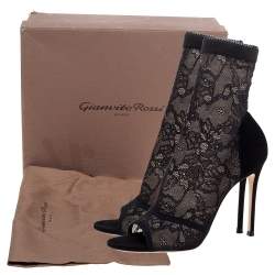 Pre Owned Gianvito Rossi Black Lace and Suede Sock Peep Toe Booties Size Size 39.5