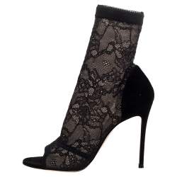Pre Owned Gianvito Rossi Black Lace and Suede Sock Peep Toe Booties Size Size 39.5