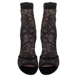 Pre Owned Gianvito Rossi Black Lace and Suede Sock Peep Toe Booties Size Size 39.5