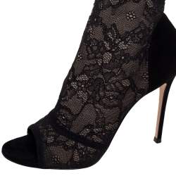 Pre Owned Gianvito Rossi Black Lace and Suede Sock Peep Toe Booties Size Size 39.5