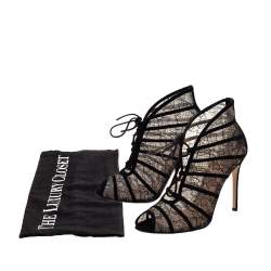 Pre Owned Gianvito Rossi Black Lace and Suede Lace Up Peep Toe Ankle Booties Size Size 39