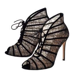 Pre Owned Gianvito Rossi Black Lace and Suede Lace Up Peep Toe Ankle Booties Size Size 39