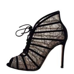 Pre Owned Gianvito Rossi Black Lace and Suede Lace Up Peep Toe Ankle Booties Size Size 39