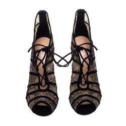 Pre Owned Gianvito Rossi Black Lace and Suede Lace Up Peep Toe Ankle Booties Size Size 39