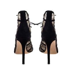 Pre Owned Gianvito Rossi Black Lace and Suede Lace Up Peep Toe Ankle Booties Size Size 39