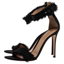 Pre Owned Gianvito Rossi Black Canvas Lola Frayed Ankle Cuff Sandals Size 39