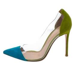 Pre Owned Gianvito Rossi Blue/Green Suede and PVC Plexi Pointed Toe Pumps Size 37