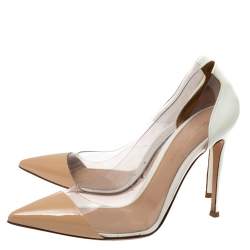 Pre Owned Gianvito Rossi White/Beige Patent Leather and PVC Plexi Pointed Toe Pumps Size 39