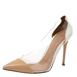 Pre Owned Gianvito Rossi White/Beige Patent Leather and PVC Plexi Pointed Toe Pumps Size 39