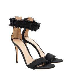 Pre Owned Gianvito Rossi Black Canvas Lola Frayed Ankle Cuff Sandals Size 37
