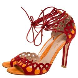 Pre Owned Gianvito Rossi Red/Orange Suede Ankle Tie Sandals Size 38.5
