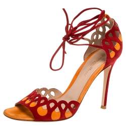 Pre Owned Gianvito Rossi Red/Orange Suede Ankle Tie Sandals Size 38.5
