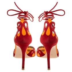 Pre Owned Gianvito Rossi Red/Orange Suede Ankle Tie Sandals Size 38.5