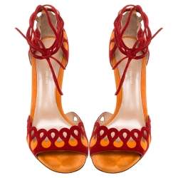 Pre Owned Gianvito Rossi Red/Orange Suede Ankle Tie Sandals Size 38.5