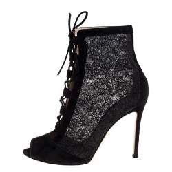 Pre Owned Gianvito Rossi Black Lace and Suede Lace Up Peep Toe Ankle Boots Size Size 37