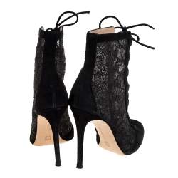 Pre Owned Gianvito Rossi Black Lace and Suede Lace Up Peep Toe Ankle Boots Size Size 37